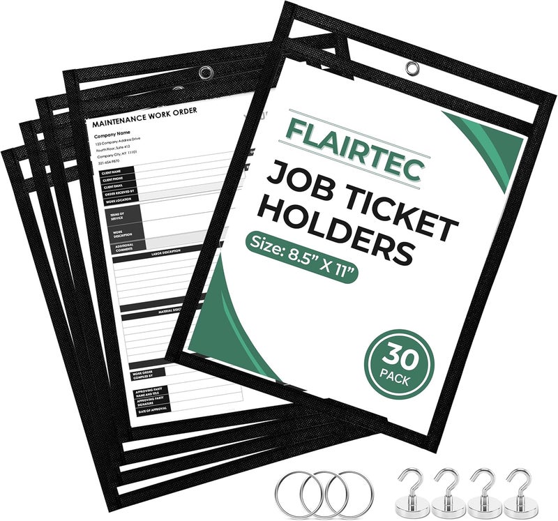 FLAIRTEC Job Ticket Holders 10x14 - (30 Pack) 8.5x11 Letter Size | Reusable Dry Erase Pockets Black with Metal Rings & Hooks | Durable Clear Shop Sleeves for Work Order | Perfect for Classrooms - Image 1